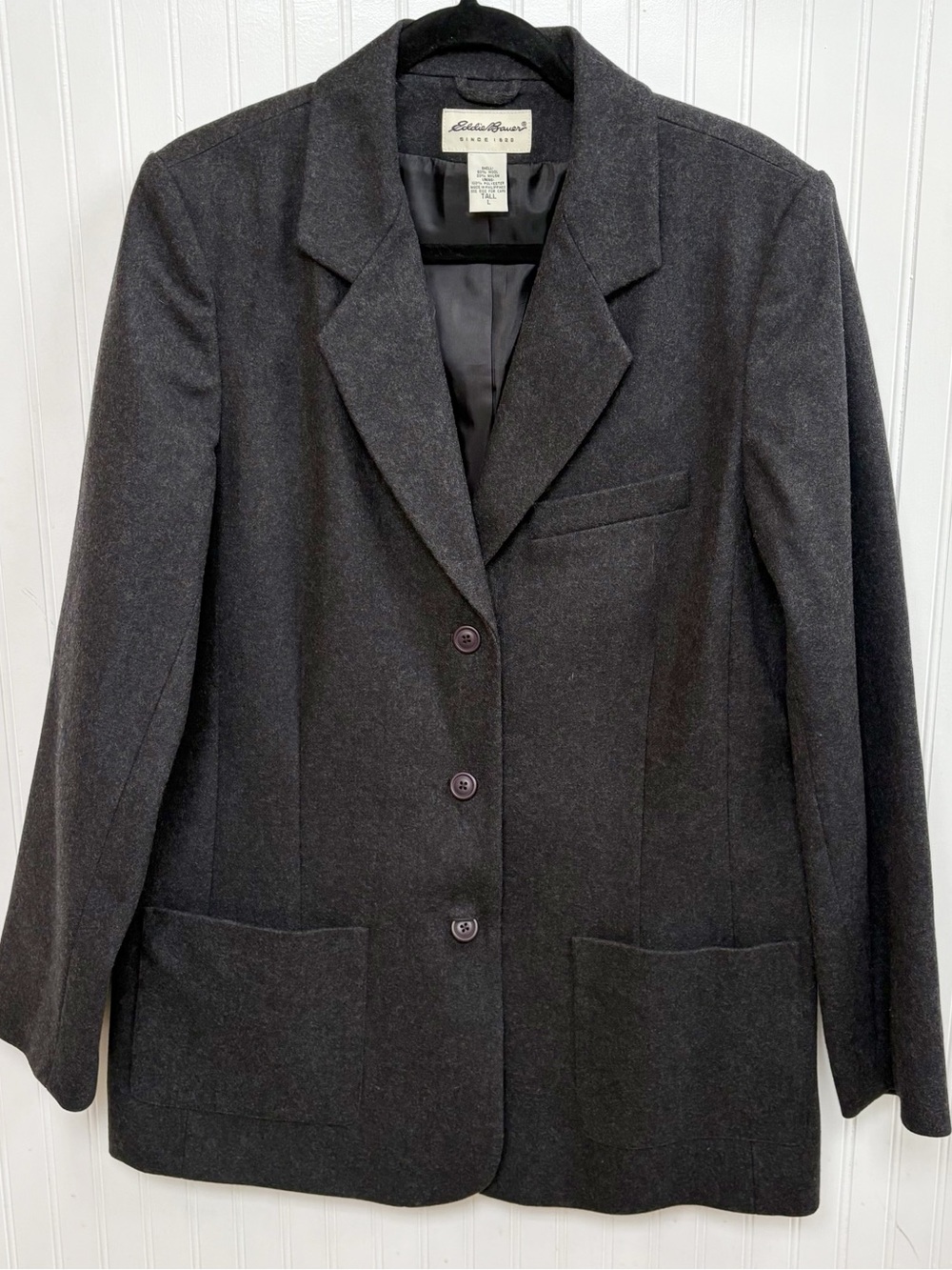 Eddie Bauer Women’s Large Tall Gray Wool Blend 3 Button Blazer Jacket
